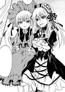 Rating: Safe Score: 0 Tags: 2girls blush dress frills greyscale hairband image long_hair long_sleeves looking_at_viewer monochrome multiple_girls open_mouth pair shinku suigintou wings User: admin