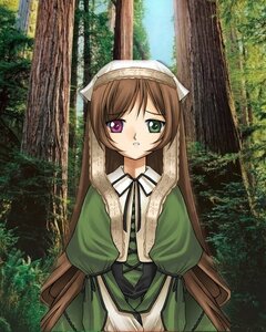 Rating: Safe Score: 0 Tags: 1girl blush brown_hair bush dress forest green_dress green_eyes heterochromia image long_hair long_sleeves looking_at_viewer nature outdoors solo suiseiseki tree very_long_hair User: admin