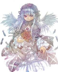 Rating: Safe Score: 0 Tags: 1girl black_wings dress feathers flower frilled_sleeves frills hairband image long_hair long_sleeves looking_at_viewer pink_eyes rose smile solo suigintou traditional_media white_background wide_sleeves wings User: admin