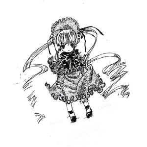 Rating: Safe Score: 0 Tags: 1girl bonnet dress flower full_body grass greyscale image long_hair long_sleeves looking_at_viewer monochrome shinku solo standing twintails white_background User: admin