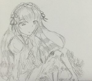 Rating: Safe Score: 0 Tags: 1girl bare_shoulders hairband image long_hair long_sleeves looking_at_viewer monochrome ribbon simple_background sketch solo suigintou traditional_media upper_body wings User: admin