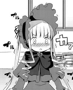 Rating: Safe Score: 0 Tags: 1girl blush capelet dress greyscale image long_hair long_sleeves monochrome polka_dot shinku sidelocks solo User: admin