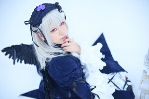 Rating: Safe Score: 0 Tags: 1girl bangs dress feathers flower frills hairband lips long_hair long_sleeves looking_at_viewer ribbon rose silver_hair solo suigintou wings User: admin