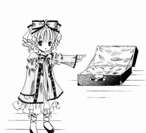 Rating: Safe Score: 0 Tags: 1girl auto_tagged blush bow dress drill_hair frills greyscale hair_bow hina_ichigo hinaichigo image long_sleeves looking_at_viewer monochrome pointing ribbon simple_background solo standing User: admin