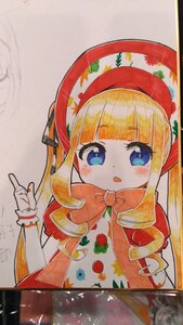 Rating: Safe Score: 0 Tags: 1girl bangs blonde_hair blue_eyes blush bow bowtie capelet dress eyebrows_visible_through_hair green_bow hat image long_hair looking_at_viewer marker_(medium) photo red_capelet red_dress red_headwear shinku signature solo traditional_media twintails upper_body User: admin