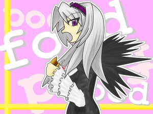 Rating: Safe Score: 0 Tags: 1girl black_wings dress food frilled_sleeves frills hairband image lolita_hairband long_hair long_sleeves purple_eyes silver_hair solo suigintou wings User: admin