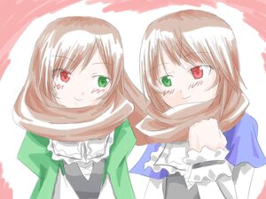 Rating: Safe Score: 0 Tags: 2girls blush green_eyes heterochromia image long_hair long_sleeves looking_at_viewer multiple_girls pair red_eyes scarf shared_scarf siblings sisters smile souseiseki suiseiseki twins upper_body User: admin