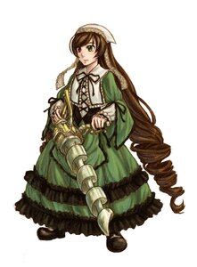 Rating: Safe Score: 0 Tags: 1girl brown_hair dress drill_hair frills full_body green_dress green_eyes hat image long_hair long_sleeves ribbon shoes simple_background solo standing suiseiseki twin_drills very_long_hair watering_can white_background User: admin