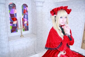 Rating: Safe Score: 0 Tags: 1girl blonde_hair blue_eyes dress flower long_hair long_sleeves photo red_dress rose shinku solo User: admin