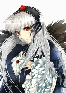 Rating: Safe Score: 3 Tags: 1girl black_wings dress feathers flower frilled_sleeves frills hairband image long_hair long_sleeves looking_at_viewer red_eyes red_flower red_rose ribbon rose silver_hair solo suigintou upper_body wings User: admin