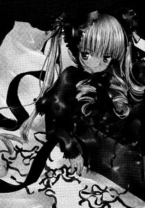 Rating: Safe Score: 0 Tags: 1girl dress drill_hair greyscale image long_hair long_sleeves looking_at_viewer monochrome shinku smile solo standing twin_drills twintails very_long_hair User: admin