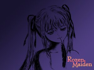 Rating: Safe Score: 0 Tags: 1girl bangs closed_mouth gradient hair_ribbon half-closed_eyes image long_hair looking_at_viewer monochrome mouth_hold purple_theme ribbon shinku simple_background solo upper_body User: admin