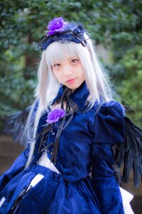 Rating: Safe Score: 0 Tags: 1girl bangs blue_flower blurry blurry_background closed_mouth depth_of_field dress flower lips long_hair long_sleeves looking_at_viewer red_eyes rose solo suigintou User: admin