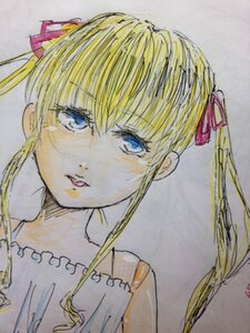 Rating: Safe Score: 0 Tags: 1girl bangs blonde_hair blue_eyes frills hair_ribbon image looking_at_viewer ribbon shinku simple_background solo tears traditional_media twintails upper_body User: admin