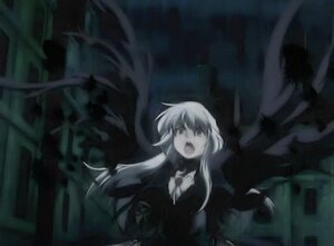 Rating: Safe Score: 0 Tags: 1girl dress image long_hair long_sleeves monochrome open_mouth sky solo suigintou wings User: admin