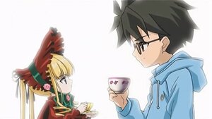 Rating: Safe Score: 0 Tags: 1boy 1girl black_hair blonde_hair bonnet cup glasses holding holding_cup hood hoodie image long_sleeves looking_at_another profile rose shinku solo teacup User: admin