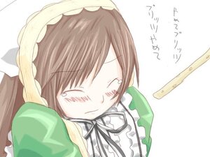 Rating: Safe Score: 0 Tags: 1girl blush brown_hair closed_eyes dress food frills green_dress image long_hair long_sleeves simple_background solo striped suiseiseki tears white_background User: admin