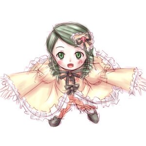 Rating: Safe Score: 0 Tags: 1girl :d blush dress frills full_body green_eyes green_hair image kanaria long_sleeves looking_at_viewer open_mouth ribbon simple_background smile solo striped white_background User: admin