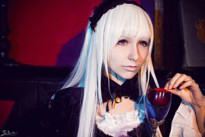 Rating: Safe Score: 0 Tags: 1girl bangs closed_mouth detached_collar dress flower gothic_lolita hairband holding lips lolita_fashion long_hair looking_at_viewer nail_polish purple_eyes solo suigintou upper_body white_hair wine_glass User: admin