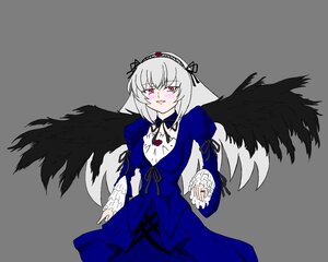 Rating: Safe Score: 0 Tags: 1girl black_wings blush dress feathered_wings frills hairband image long_hair long_sleeves looking_at_viewer red_eyes ribbon rose silver_hair solo suigintou white_background wings User: admin