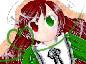 Rating: Safe Score: 0 Tags: 1girl blush dress green_eyes image long_hair long_sleeves looking_at_viewer red_eyes ribbon simple_background solo suiseiseki white_background User: admin