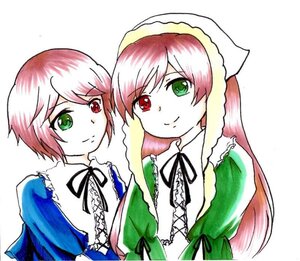 Rating: Safe Score: 0 Tags: 2girls frills green_dress green_eyes head_scarf heterochromia image long_hair long_sleeves looking_at_viewer multiple_girls pair pink_hair red_eyes ribbon short_hair siblings simple_background sisters smile souseiseki suiseiseki traditional_media twins white_background User: admin