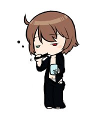 Rating: Safe Score: 0 Tags: 1girl ahoge brown_hair chibi drinking heterochromia holding image long_sleeves red_eyes short_hair simple_background solo souseiseki standing striped white_background User: admin