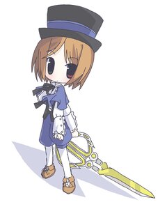 Rating: Safe Score: 0 Tags: 1girl blue_dress bow brown_hair chibi dress full_body hat holding image long_sleeves pantyhose shoes short_hair solo souseiseki standing top_hat weapon white_background white_legwear User: admin