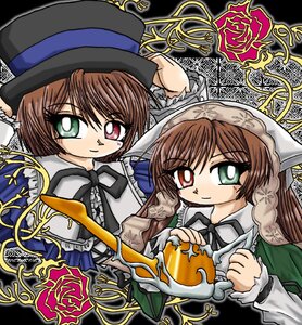 Rating: Safe Score: 0 Tags: 2girls brown_hair dress green_dress green_eyes hat head_scarf heterochromia image long_hair long_sleeves looking_at_viewer multiple_girls pair red_eyes short_hair siblings sisters smile souseiseki suiseiseki top_hat twins watering_can User: admin