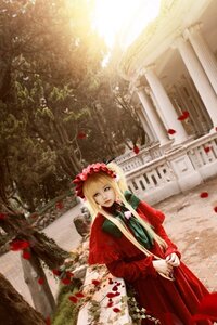 Rating: Safe Score: 0 Tags: 1girl auto_tagged blonde_hair bonnet dress flower long_hair long_sleeves looking_at_viewer petals red_dress shinku solo User: admin