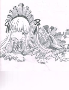 Rating: Safe Score: 0 Tags: 1girl blush dress frills image long_hair long_sleeves looking_at_viewer monochrome on_stomach shinku solo User: admin