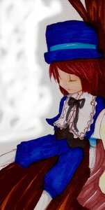 Rating: Safe Score: 0 Tags: 1girl blue_bow blue_headwear bow bowtie closed_eyes frills hat image long_sleeves red_hair ribbon solo souseiseki User: admin