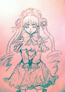 Rating: Safe Score: 0 Tags: 1girl bonnet bowtie capelet dress frills image long_hair long_sleeves looking_at_viewer monochrome shinku solo standing traditional_media User: admin