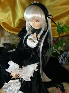 Rating: Safe Score: 0 Tags: 1girl black_dress doll dress flower frills hair_over_one_eye hairband long_hair long_sleeves looking_at_viewer purple_eyes silver_hair sitting solo suigintou traditional_media User: admin