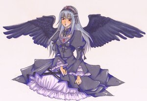 Rating: Safe Score: 0 Tags: 1girl black_wings dress feathered_wings frills image juliet_sleeves long_hair long_sleeves looking_at_viewer puffy_sleeves red_eyes silver_hair simple_background sitting solo suigintou wings User: admin