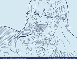 Rating: Safe Score: 0 Tags: 1girl bangs blue_background blue_theme closed_mouth dress eyebrows_visible_through_hair hair_between_eyes image long_hair long_sleeves looking_at_viewer maid_headdress monochrome ribbon simple_background sketch smile solo suigintou twitter_username upper_body User: admin