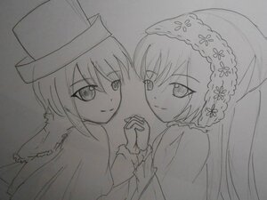 Rating: Safe Score: 0 Tags: 2girls closed_mouth dress eyebrows_visible_through_hair greyscale hat holding_hands image interlocked_fingers long_hair looking_at_another looking_at_viewer monochrome multiple_girls pair siblings simple_background sisters smile souseiseki suiseiseki traditional_media twins User: admin