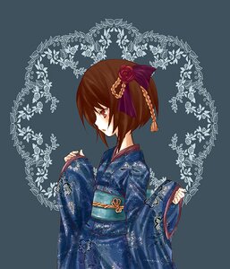 Rating: Safe Score: 0 Tags: 1girl blue_background brown_eyes brown_hair floral_print flower hair_flower hair_ornament image japanese_clothes kimono long_sleeves obi rose sash short_hair solo souseiseki wide_sleeves User: admin