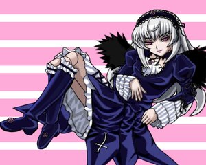 Rating: Safe Score: 0 Tags: 1girl boots detached_collar dress frilled_sleeves frills full_body hairband image knee_boots long_hair long_sleeves looking_at_viewer pink_background pink_eyes silver_hair sitting solo suigintou wings User: admin