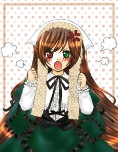 Rating: Safe Score: 0 Tags: 1girl anger_vein angry black_ribbon blush brown_hair dress frills green_dress green_eyes head_scarf heterochromia image long_hair long_sleeves looking_at_viewer open_mouth red_eyes ribbon solo suiseiseki very_long_hair white_background User: admin