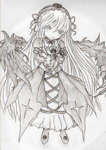 Rating: Safe Score: 0 Tags: 1girl closed_mouth dress flower frills full_body greyscale hairband image long_hair long_sleeves looking_at_viewer monochrome rose solo standing suigintou traditional_media very_long_hair wings User: admin