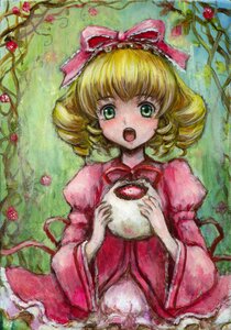 Rating: Safe Score: 0 Tags: 1girl apple blonde_hair bow dress flower food fruit green_eyes hina_ichigo hinaichigo image looking_at_viewer open_mouth pink_bow pink_dress plant puffy_sleeves short_hair solo traditional_media User: admin