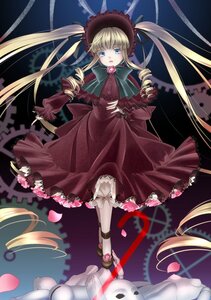 Rating: Safe Score: 0 Tags: 1girl blonde_hair blue_eyes bonnet bow bowtie dress flower frills full_body image long_hair long_sleeves looking_at_viewer petals pink_flower red_dress rose shinku shoes solo standing twintails very_long_hair User: admin