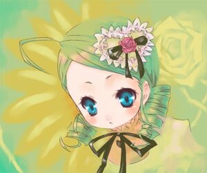 Rating: Safe Score: 0 Tags: 1girl blonde_hair blue_eyes bonnet drill_hair flower frills green_hair hat image kanaria looking_at_viewer ribbon rose solo upper_body yellow_background User: admin