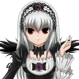 Rating: Safe Score: 3 Tags: 1girl detached_collar dress flower frills gothic_lolita hairband image lolita_fashion long_hair long_sleeves looking_at_viewer red_eyes rose silver_hair simple_background smile solo suigintou upper_body white_background wings User: admin