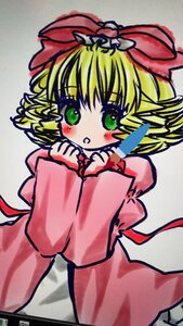 Rating: Safe Score: 0 Tags: 1girl blonde_hair blush bow dress drill_hair eyebrows_visible_through_hair green_eyes hina_ichigo hinaichigo image long_sleeves looking_at_viewer pink_dress puffy_sleeves simple_background solo User: admin