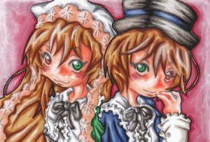 Rating: Safe Score: 0 Tags: 2girls brown_hair frills green_eyes hat heterochromia image long_hair long_sleeves looking_at_viewer multiple_girls pair red_eyes short_hair siblings simple_background sisters smile souseiseki suiseiseki traditional_media twins User: admin