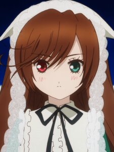Rating: Safe Score: 0 Tags: 1girl bangs black_neckwear black_ribbon blush brown_hair closed_mouth dress expressionless frills green_eyes heterochromia long_hair long_sleeves looking_at_viewer neck_ribbon red_eyes ribbon simple_background solo suiseiseki upper_body User: admin