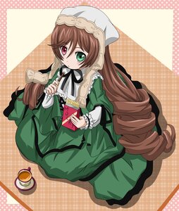Rating: Safe Score: 0 Tags: 1girl brown_hair commentary_request dress drill_hair eating food frills green_dress green_eyes heterochromia highres image long_hair long_sleeves looking_at_viewer looking_up pocky red_eyes rozen_maiden sitting solo suiseiseki takumi_(rozen_garten) tea very_long_hair User: admin
