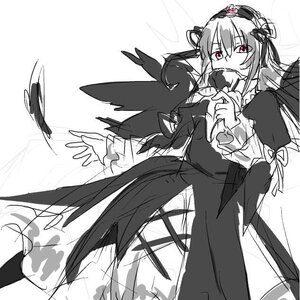 Rating: Safe Score: 0 Tags: 1girl black_dress black_wings dress feathers flower frills greyscale hairband image lolita_hairband long_hair long_sleeves looking_at_viewer monochrome ribbon rose solo suigintou wings User: admin